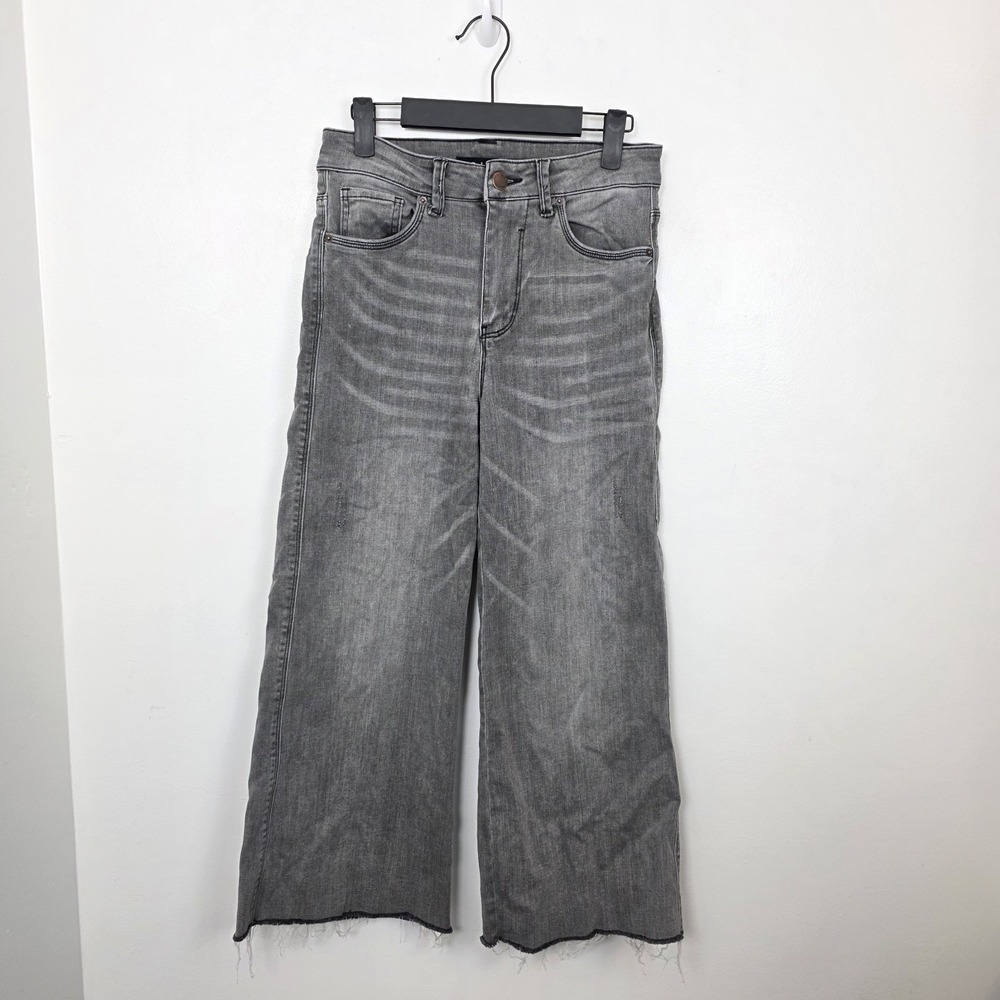 Risen Gray Whiskers Wide Leg Raw Hem High Rise Grunge Streetwear Crop Jean Sz 26